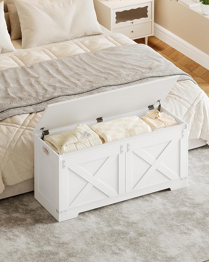 Hzuaneri 42.9" Storage Chest, Large Storage Trunk with 2 Hinges, Farmhouse Wooden Box Bench, Lift-Top Organizer Chest, Entryway Trunk for Bedroom, Living Room, White SB10903X