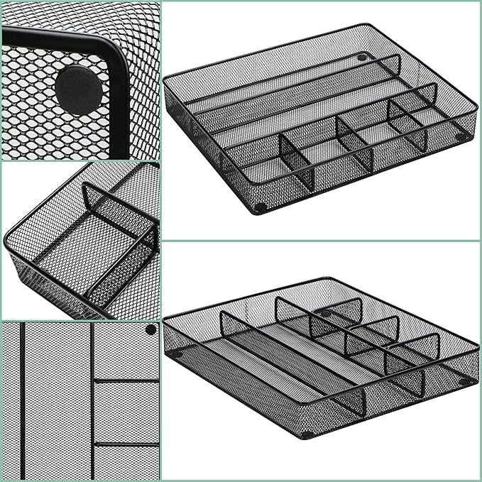 Annova Desk Top Organizer Tray for Office Organization - Metal Mesh - Storage Tray with Dividers for Pens, Desktop Accessories, Bathroom, Kitchen, Makeup and Office Supplies (Large, Black)