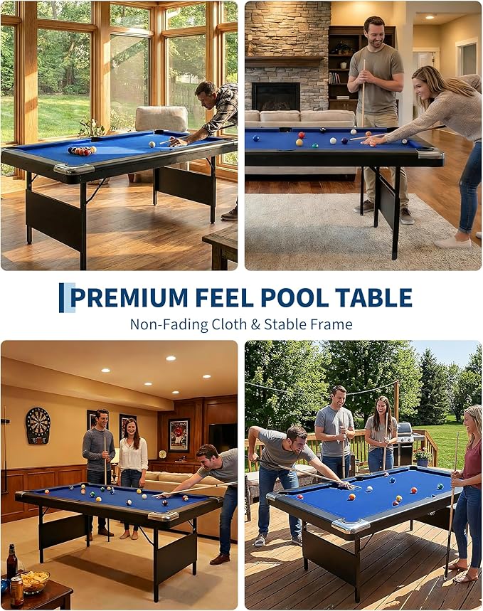 7 Foot Pool Table for Family, Foldable No Assembly Pool Table with Balls, Cues, Chalk, Rack & Brush, Portable Billiards Game Table for Apartment, Basement, Office & Game Room