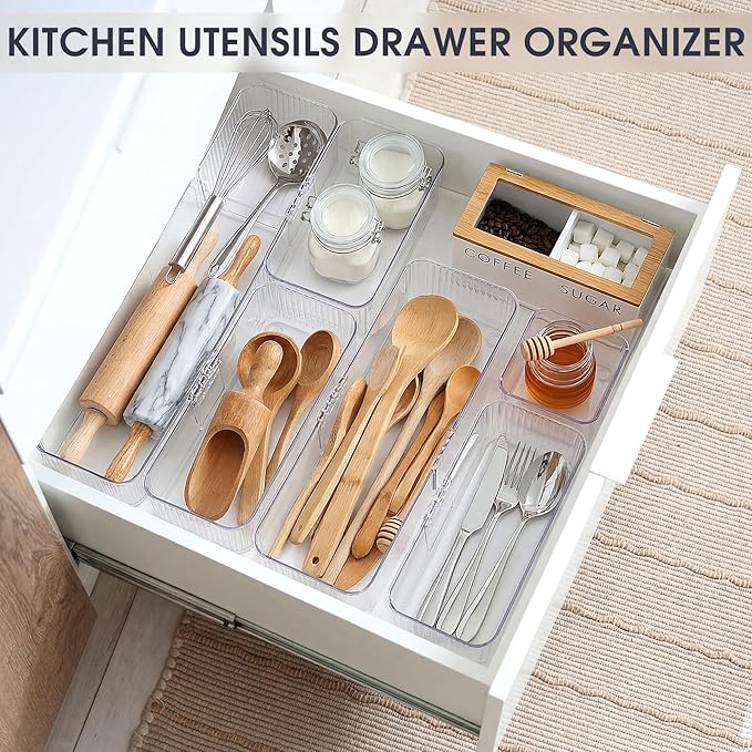 Aneco 20 Pieces Extendable Clear Drawer Organizer Adjustable Vanity Storage Box 4-Size Desk Drawer Divider Acrylic Storage Bins for Makeup, Cosmetic, Jewelries, Bedroom Kitchen Utensils Gadgets