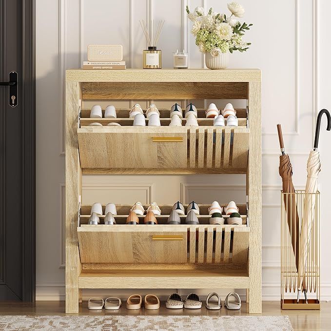 knoworld Shoe Storage Cabinet for Entryway with 2 Flip Drawers, 31.5" Narrow Fluted Shoe Organizer Cabinet, Slim Wooden Shoe Cabinet, Freestanding Hidden Shoe Cabinet for Entrance, Hallway (Natural)