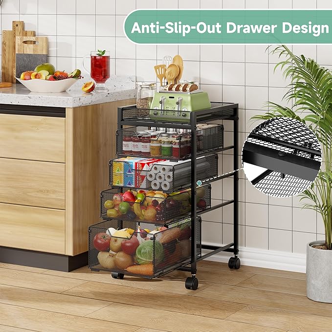 keomaisyto 5-Tier Kitchen Storage Cart with Top Basket & Drawers, Fruit and Vegetable Storage Rack on Wheels, Metal Rolling Cart with Drawers & Kitchen Organization for Snacks, Potatoes, Onions, Cans