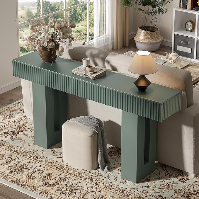 63-Inch Long Entryway Console Table with a Fluted Design, Thick Wood Farmhouse Sofa Table Behind Couch, Narrow Hallway Accent Table for Living Room, Foyer, Entrance,Green