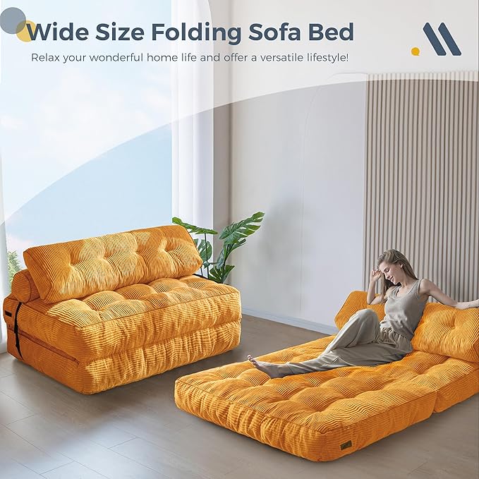 MAXYOYO Folding Sofa Bed, Convertible Chair with Pillow Foldable Couch with Back Support, Portable Fold Out Chair Bed Comfy Floor Sofa Lounge for Living Room Bedroom, Orange Double