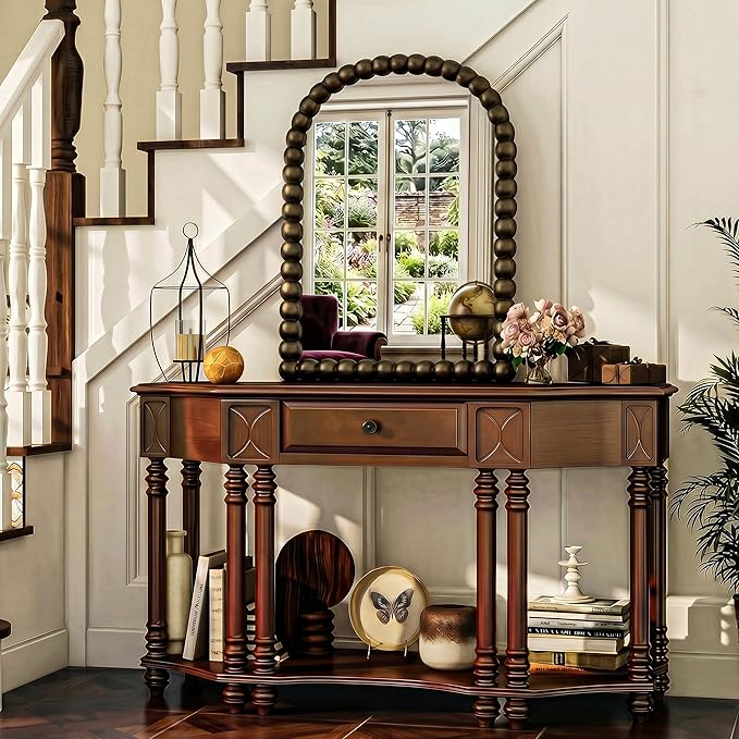 24"×36" Bronze Arched Bathroom Vanity Mirror, Vintage Beaded Decorative Wall Mounted Makeup Mirror, as Wall Decor Hanging Leaning for Fireplace Mantle, Living Room, Bedroom, Vanity Area