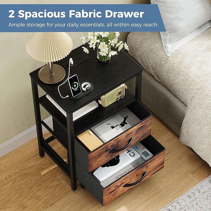 DUMOS Nightstand with Charging Station Built in USB Ports and AC Outlets Bedside Table with Adjustable Fabric Drawer and Open Shelf Modern End Table for Bedroom,Black and Brown
