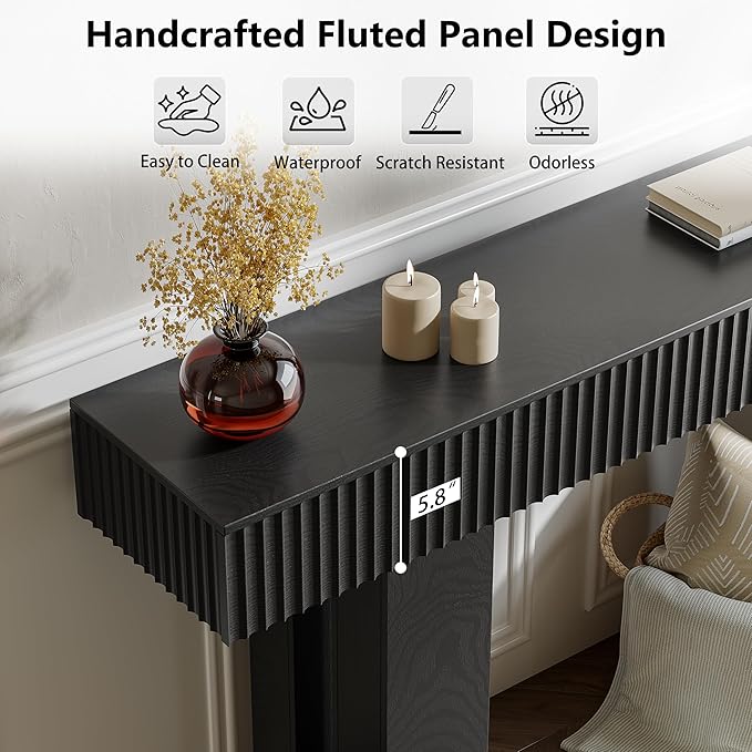 60-Inch Long Entryway Table with Built-in Power Outlet and App & Button-Controlled RGB Light, Thick Wood Farmhouse Console Table for Behind Sofa, Narrow Hallway, Living Room, Foyer, Entrance, Black