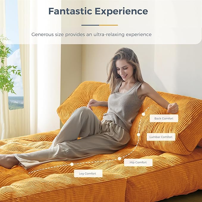 MAXYOYO Folding Sofa Bed, Convertible Chair with Pillow Foldable Couch with Back Support, Portable Fold Out Chair Bed Comfy Floor Sofa Lounge for Living Room Bedroom, Orange Double