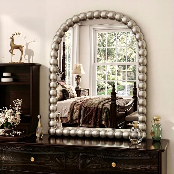 24"×36" Silver Arched Bathroom Vanity Mirror, Vintage Beaded Decorative Wall Mounted Makeup Mirror, as Wall Decor Hanging Leaning for Fireplace Mantle, Living Room, Bedroom, Vanity Area