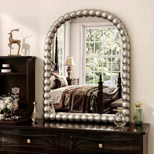 24"×36" Silver Arched Bathroom Vanity Mirror, Vintage Beaded Decorative Wall Mounted Makeup Mirror, as Wall Decor Hanging Leaning for Fireplace Mantle, Living Room, Bedroom, Vanity Area