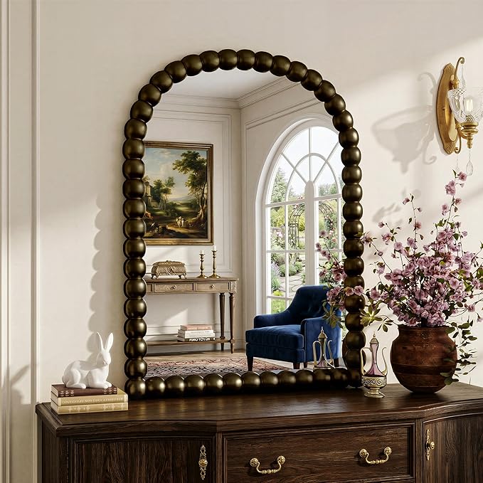 30"×38" Bronze Arched Bathroom Vanity Mirror, Vintage Beaded Decorative Wall Mounted Makeup Mirror, as Wall Decor Hanging Leaning for Fireplace Mantle, Living Room, Bedroom, Vanity Area