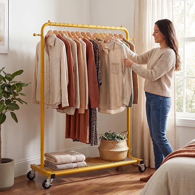 Sywhitta Clothing Rack on wheels, Clothes Rack with Bottom Mesh Storage Shelf,Sturdy Metal Frame,for Hanging Clothes,Coats,Skirts,39.76 "W x 16.06" D x 63.78" H,Gold Yellow