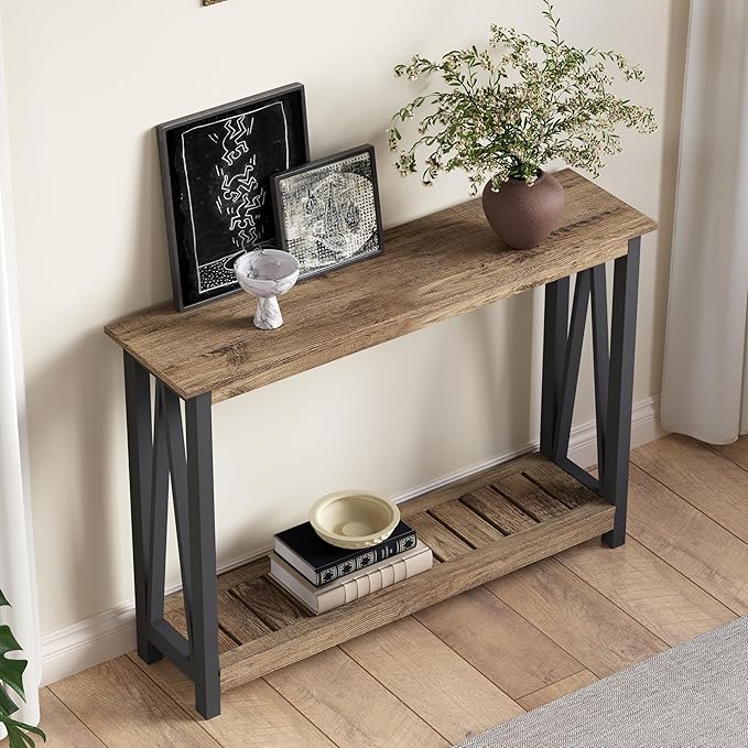 ChooChoo Farmhouse Console Table, Rustic Vintage Narrow Sofa Table for Entryway, Living Room, Hallway, 40 Rustic Oak & Black