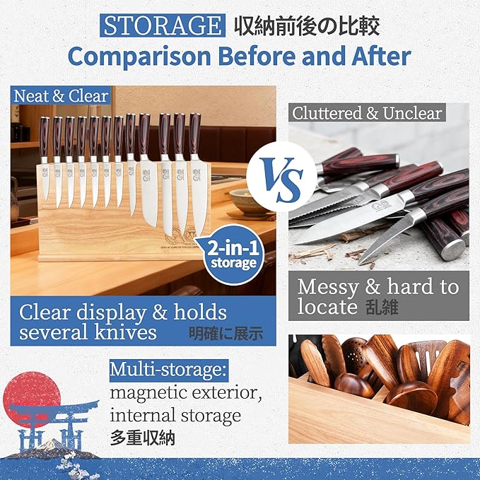 XYJ Utensil Holder with Magnets, 3-Compartment Organizer for Kitchen Tools, Spoons, Spatulas, Magnetic Knife & Metal Accessory Storage, Countertop Caddy, Wood Container without Knives & Cookware Tools