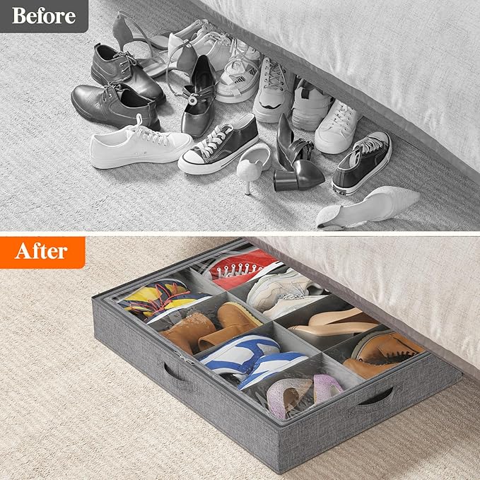 Lifewit Under Bed Shoe Storage Organizer Fits 8 Pair Sneakers, 4.3 Inches Tall Sturdy Structure Ultra Thick Fabic Sneaker Storage, Foldable Underbed Shoe Boxes for Heels, Boots, Sports Shoes 4 Pack