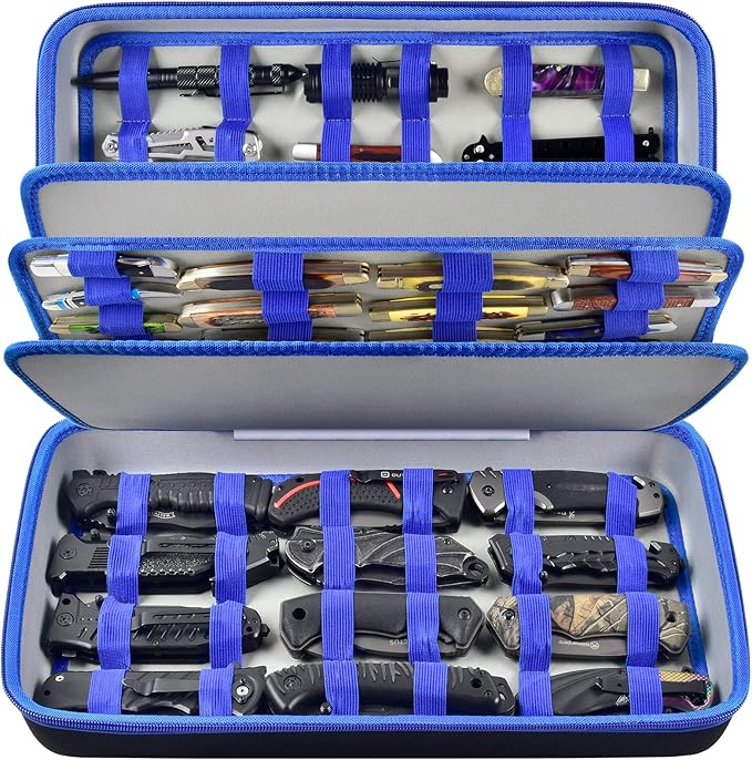 Knife Display Case for 66+ Pocket Knives, Butterfly Knife Storage Box, Folding Knives Organizer Holder, Knives Collection Protector for Survival, Tactical, Outdoor, EDC Mini Knife (Bag Only) - Blue