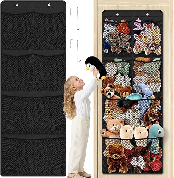 SpaceHacks Stuffed Animal Storage - Large Over the Door Organizer with 6 Expandable Mesh Pockets & Metal Hooks, Non-Woven Fabric Hanging Plush Items Holder for Nursery, Bedroom, Playroom (Black)