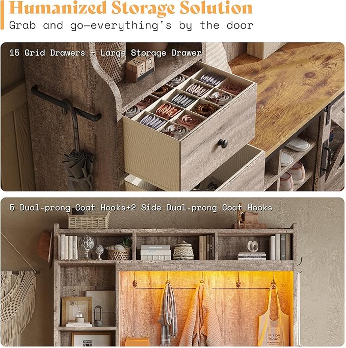 AMERLIFE 75"H 7-in-1 Farmhouse Hall Tree with Bench and shoe storage, LED Entryway Bench with Coat Rack, 12 Shoe Cubbies, 2 Drawers, Barn Doors & Adjustable Shelf, Mudroom Hallway Cabinet, Rustic Grey