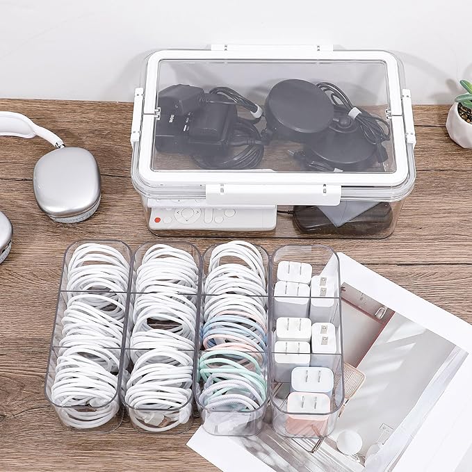 Large Cable Storage Box with Lid, Plastic Power Cords Organizer for Desk Drawer, Clear Home Office Container for Cell Phone Charger, Art Crafts and Stationery