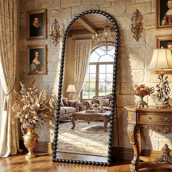 Antok 58" x 21" Arched Full Length Mirror, Antique Beaded Frame Floor Standing or Wall Mounted Mirror with Stand for Bedroom, Entryway, Black, Luxury Style