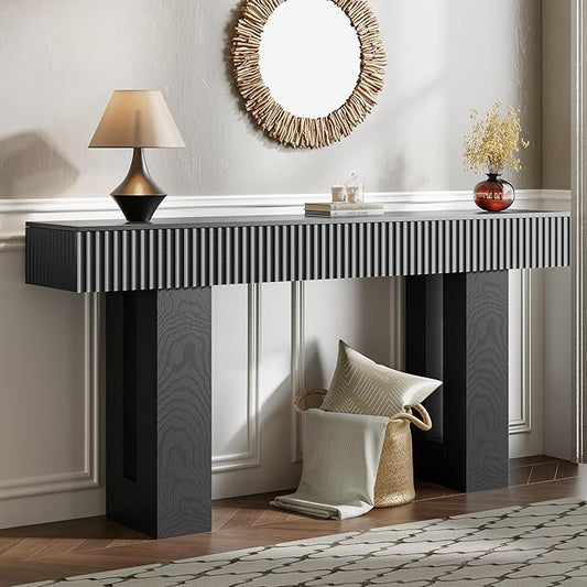 63-Inch Long Entryway Console Table with a Fluted Design, Thick Wood Farmhouse Sofa Table Behind Couch, Narrow Hallway Accent Table for Living Room, Foyer, Entrance, Modern Black
