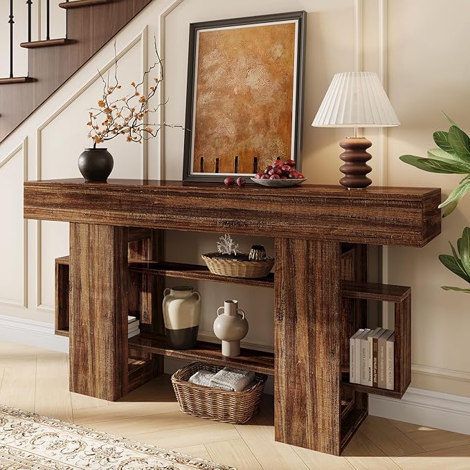 Einhomn 63 Inches Entryway Table, Wooden Console Table with Storage, Narrow Sofa Table Behind Couch, Farmhouse Long Entry Hallway Tables for Entrance, Foyer, Living Room, Rustic Brown