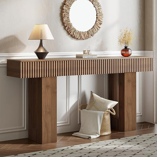 63-Inch Long Entryway Console Table with a Fluted Design, Thick Wood Farmhouse Sofa Table Behind Couch, Narrow Hallway Accent Table for Living Room, Foyer, Entrance,Modern Walnut