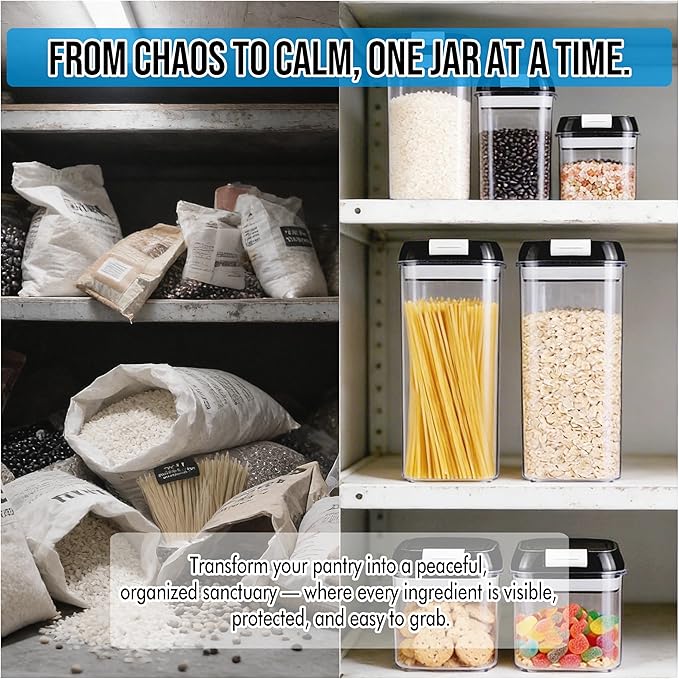 5-Piece Airtight Food Storage Containers Set with Lids, BPA-Free Plastic Kitchen & Pantry Organization Canisters for Cereal, Pasta, Snacks, Flour, Sugar & Dry Foods