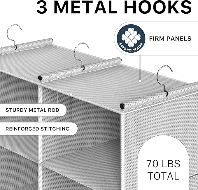 Simple Houseware 6 Shelf Double-Wide Hanging Closet Organizer, 12 Large Shelves Total, Gray