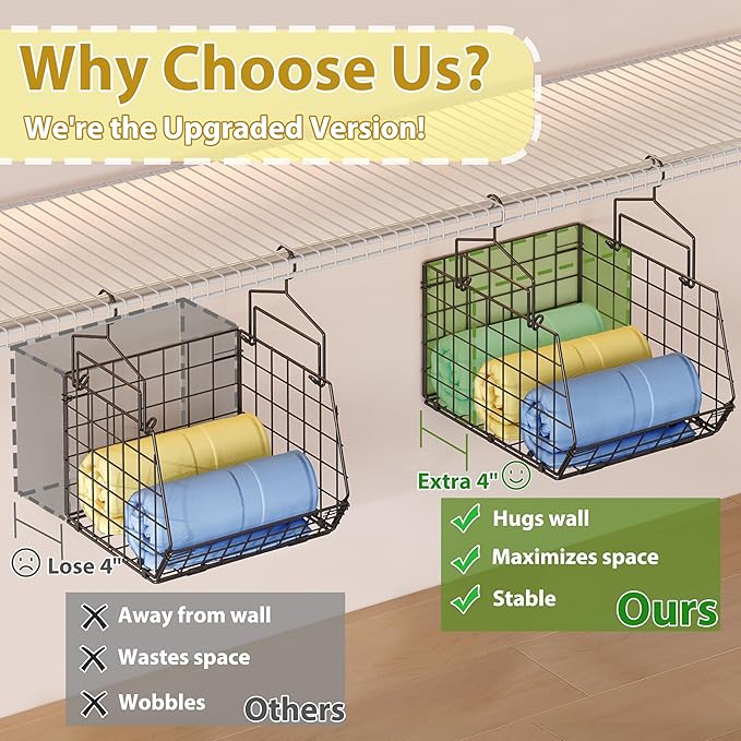 6-Tier Extended Depth Hanging Closet Organizers and Storage for Closet Organization, Stackable Hanging Shelves with Hooks for Clothes Sweaters Towels Purses, Fits Closet Shelves & Wire Metal Shelving