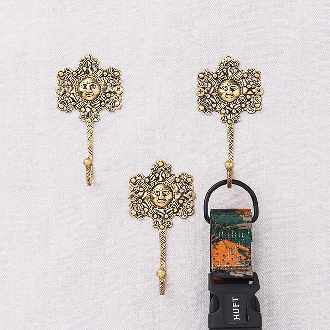 Indian Shelf 33Lb. 3 Pieces Decorative Gold Sunflower Hooks Brass Wall Key Holder Vintage Golden Home Decor Sun Wall Coat Hook