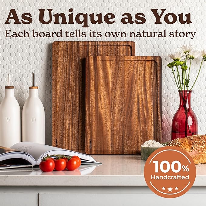 SMIRLY Wood Cutting Boards for Kitchen - Walnut Cutting Board with Handle and Juice Groove for Meal Prep, Serving, Charcuterie - Kitchen Gadgets, House Warming Gifts - Wooden Chopping Board Set of 2