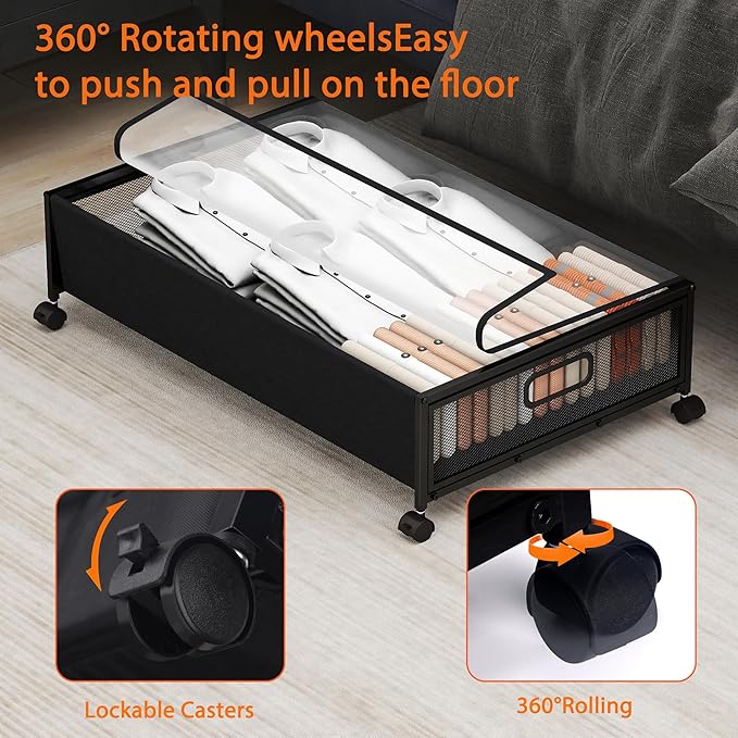 Under Bed Storage with Wheels, Rolling Underbed Storage Organizer, Heavy Duty Under Bed Storage for Clothes, Blankets and Bedding, Low Profile Underbed Container, Black