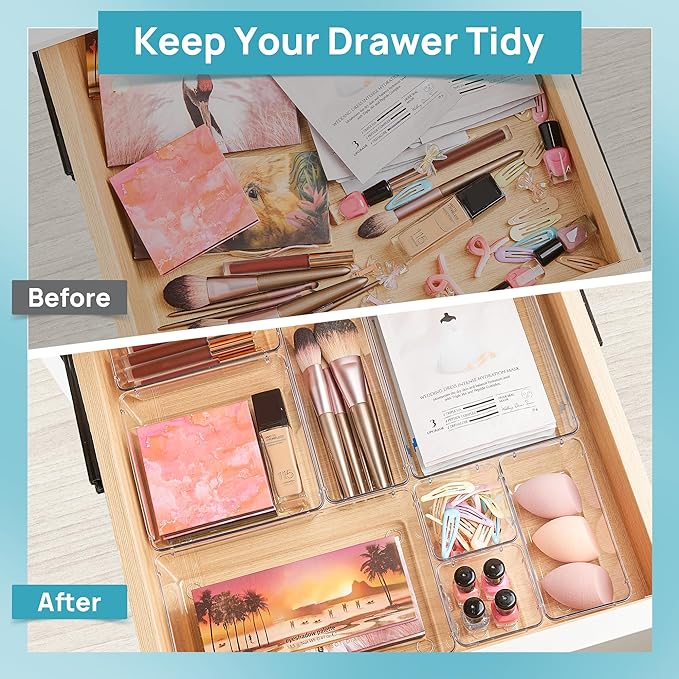 Vtopmart 28 PCS Clear Plastic Drawer Organizers Set, 4-Size Bathroom and Vanity Drawer Organizer Trays, Acrylic Storage Bins for Toiletries, Makeup, Cosmetic, Kitchen Utensils, Tool, Gadgets