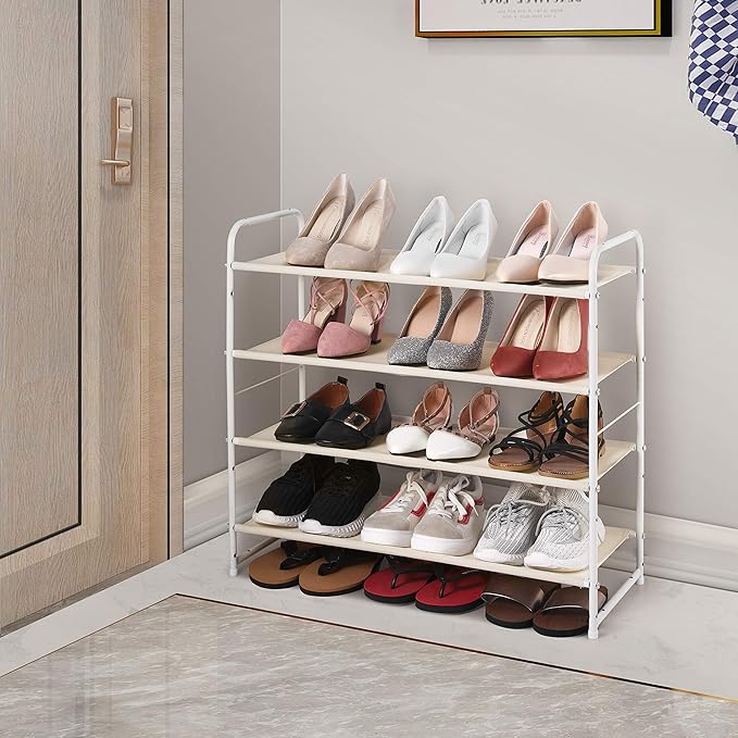 Simple Trending Shoe Rack - 4-Tier Shoe Organizer, Expandable & Adjustable Fabric Shoe Shelf Storage Organizer for Closet, Entryway, Bedroom, White