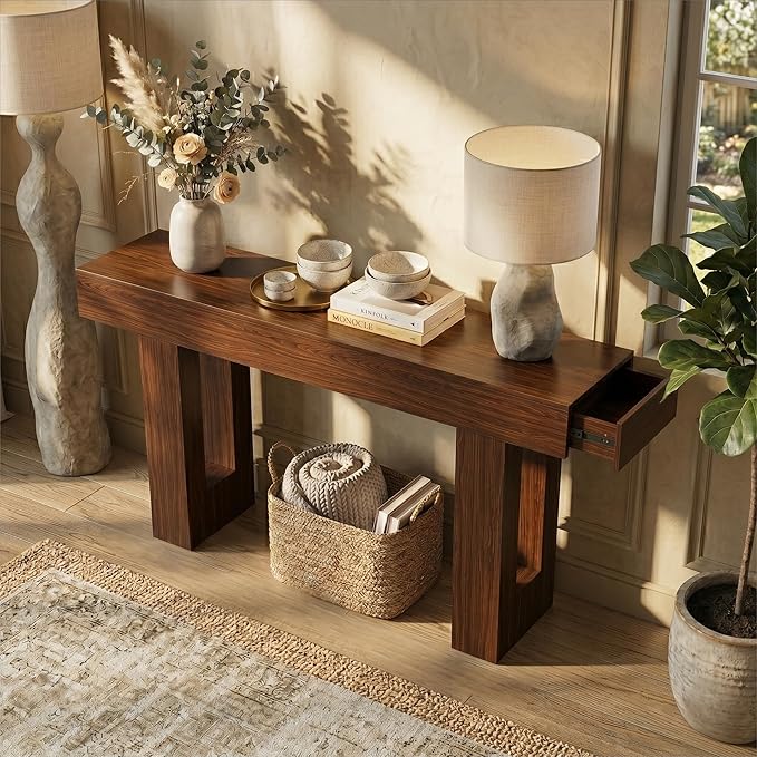 FURSUN 63" Console Table with 2 Drawers, Slim Entryway Table for Hallway, Narrow Sofa Table Behind Couch, Farmhouse Long Wood Accent Table for Foyer & Living Room, Dark Walnut