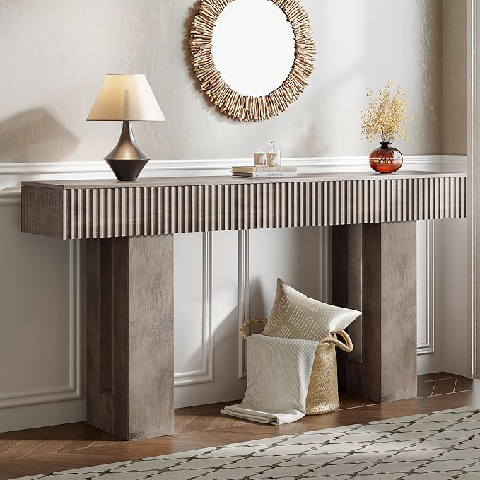 63-Inch Long Entryway Console Table with a Fluted Design, Thick Wood Farmhouse Sofa Table Behind Couch, Narrow Hallway Accent Table for Living Room, Foyer, Entrance,Grey