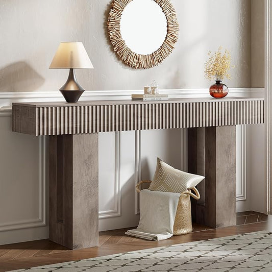63-Inch Long Entryway Console Table with a Fluted Design, Thick Wood Farmhouse Sofa Table Behind Couch, Narrow Hallway Accent Table for Living Room, Foyer, Entrance,Grey