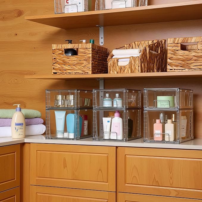 Clear Stackable Acrylic Storage Drawers(2 Pack), Plastic Organizer Bins with Handles, Easy Assembly for Bathroom Kitchen Pantry Cabinet Under Sink Snack Home Storage Solutions