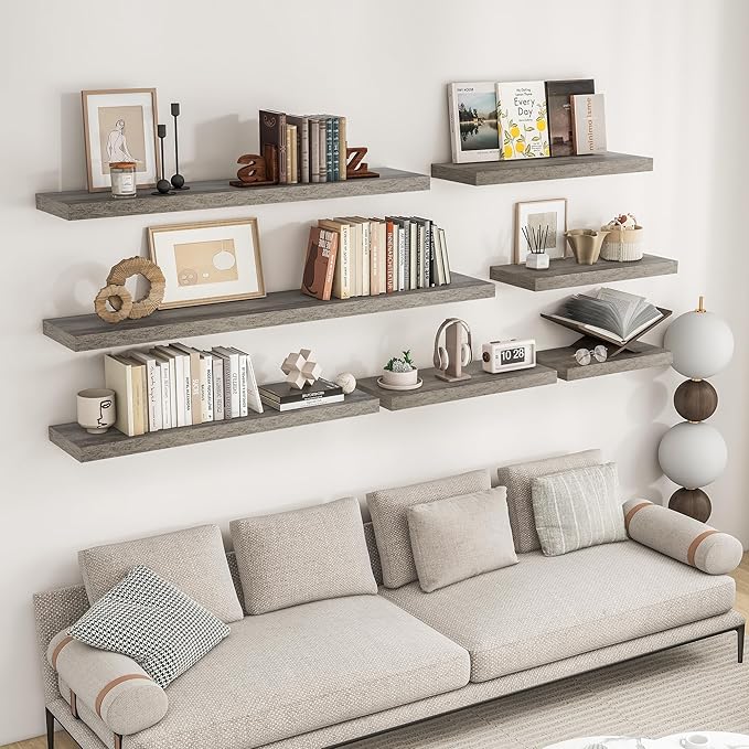 RICHFOCUS 55Inch Floating Shelves for Wall 2 Pack Shelves for Bedroom|Kitchen|Bathroom Wall Mounted Rustic Wood Floating Shelf with Invisible Brackets for Books|Storage|Decor, Grey