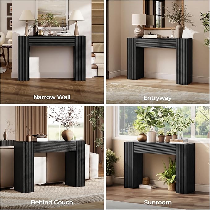 43" Fluted Mid Century Modern Narrow Console Table with Storage, Farmhouse Skinny Entryway Table, Small Entry Table & Storage Cabinet, Sofa Table Behind Couch for Living Room, Hallway, Entrance, Black