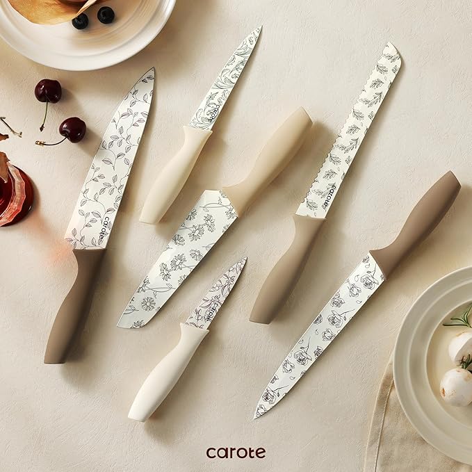 CAROTE 12PCS Knife Set, Kitchen Knife Set with 6 Blade Guards, Stainless Steel Knives Set With Nonstick Ceramic Coating, Rustproof, Delicate Floral Designs, White