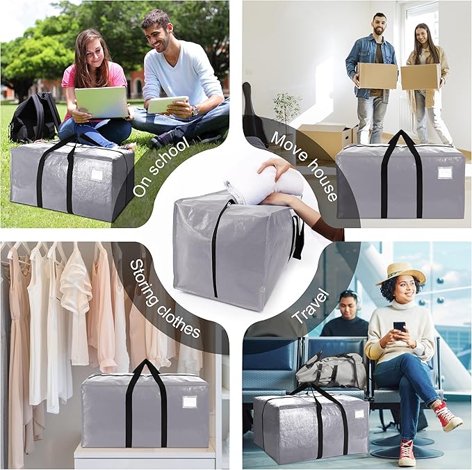 VELVETSURE Heavy Duty Extra Large Moving Bags W/Backpack Straps - Strong Handles & Zippers, Storage Totes For Space Saving, Fold Flat, Alternative to Moving Box and Storage Bin (Set of 6, Silver)