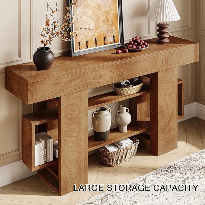 Einhomn 63 Inches Entryway Table, Wooden Console Table with Storage, Narrow Sofa Table Behind Couch, Farmhouse Long Entry Hallway Tables for Entrance, Foyer, Living Room, Natural Brown