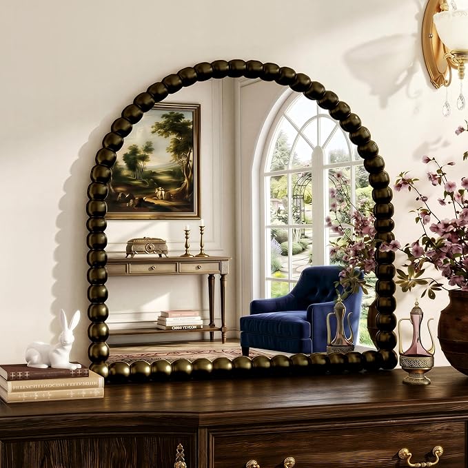 31"×32" Bronze Arched Bathroom Vanity Mirror, Vintage Beaded Decorative Wall Mounted Makeup Mirror, as Wall Decor Hanging Leaning for Fireplace Mantle, Living Room, Bedroom, Vanity Area