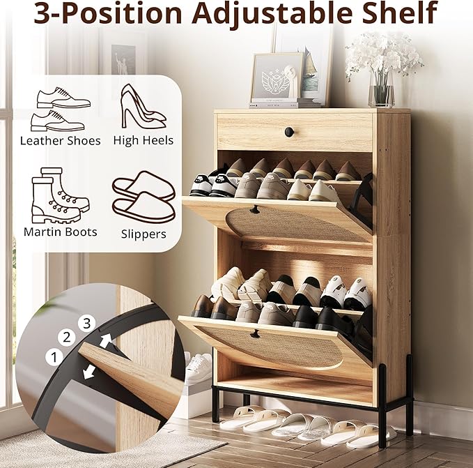 IRONCK Shoe Cabinet with 2 Flip Drawers, Shoe Storage Cabinet for Entryway, Free Standing Shoe Storage Organizer with Rattan Doors Slim Narrow Shoe Rack Cabinet, Oak