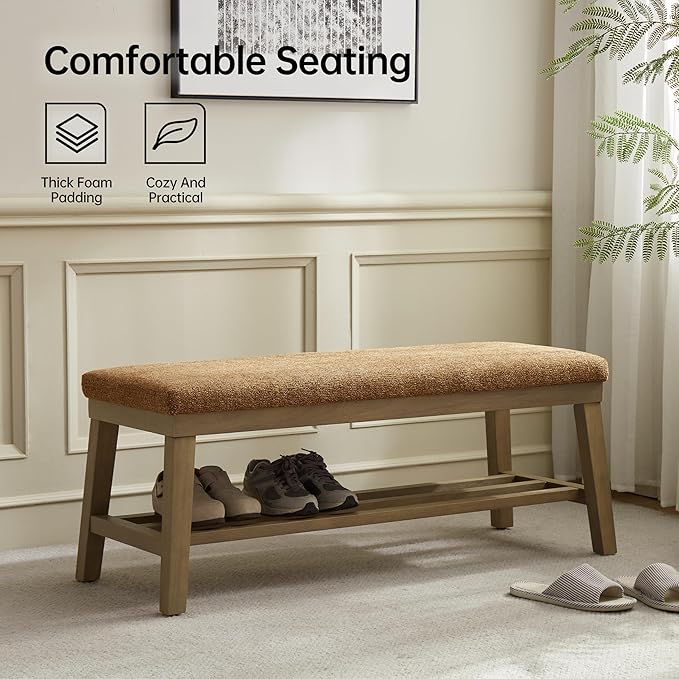 VKNOW Entryway Bench, 44.4" Upholstered Shoe Storage Bench for Entryway & Bedroom, Shoe Bench with Rubberwood Legs, Modern End of Bed Storage Bench for Living Room and Hallway, Orange