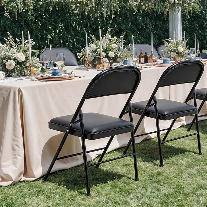 Simple Deluxe 2 Pack Portable Padded Folding Chairs, Leather Upholstered Seat Pad & Durable Metal Construction, Commercial-Grade Seating for Home, Office, Indoor Outdoor Events, Black
