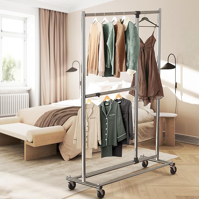 Simple Houseware Dual Bar Adjustable Clothing Garment Rack, 72 Inches Height, Chrome