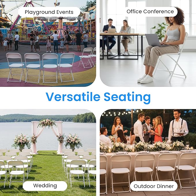 Simple Deluxe 4-Pack Folding Chairs Plastic, Foldable Stackable Portable Chairs with Metal Frame 330lb Capacity for Indoor Outdoor Use, Commercial Event Chairs for Party, Office, Wedding, White